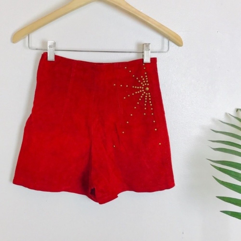 Vtg 80s Firenze Red Suede Leather High Rise Shorts